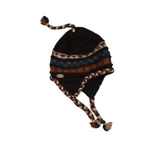 Turtle Fur Wool Earflap Beanie Hat Hand Knit Fleece Lined Brown Fair Isle Adult